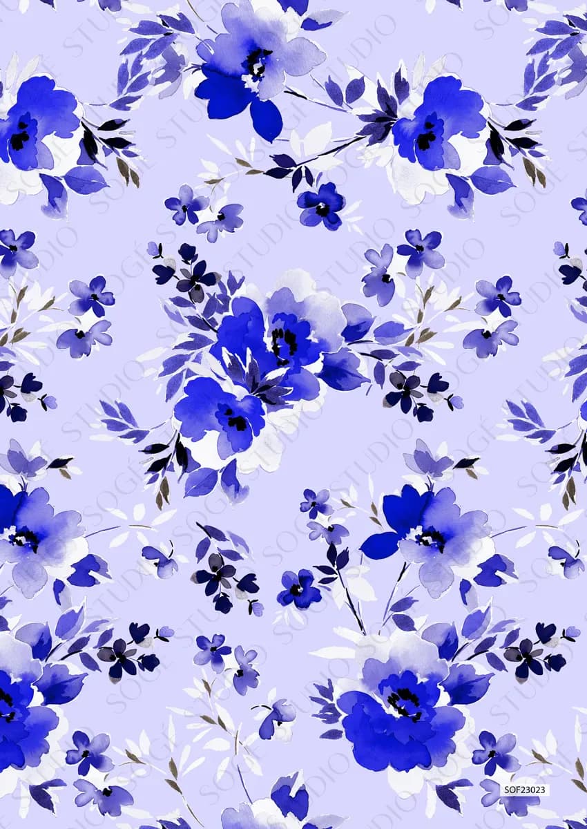 Repeating blue floral pattern design featuring vibrant blue flowers with dark foliage on a lavender background by Stephanie Ogé.