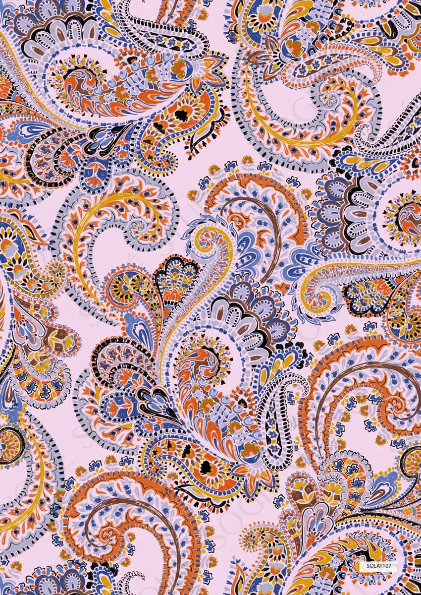 Intricate paisley and ornamental pattern textile design in blue, orange, and gold on lavender ground by Stephanie Ogé.