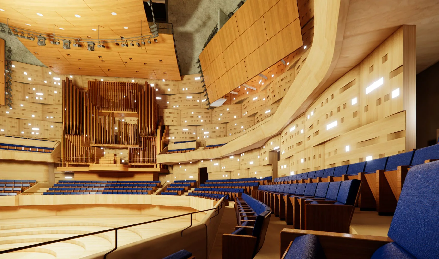 A modernist concert hall interior features curved balconies with blue seating, wooden architectural elements, and a grand organ, designed by Steven Holl.