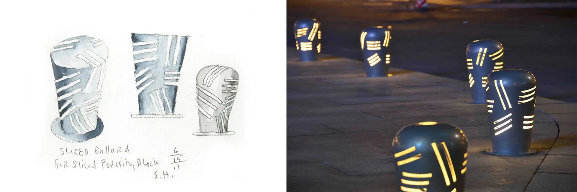 Sketch studies of cylindrical forms with striped patterns and architectural details, alongside a photograph of blue and yellow striped sculptural objects in an interior space by Steven Holl.