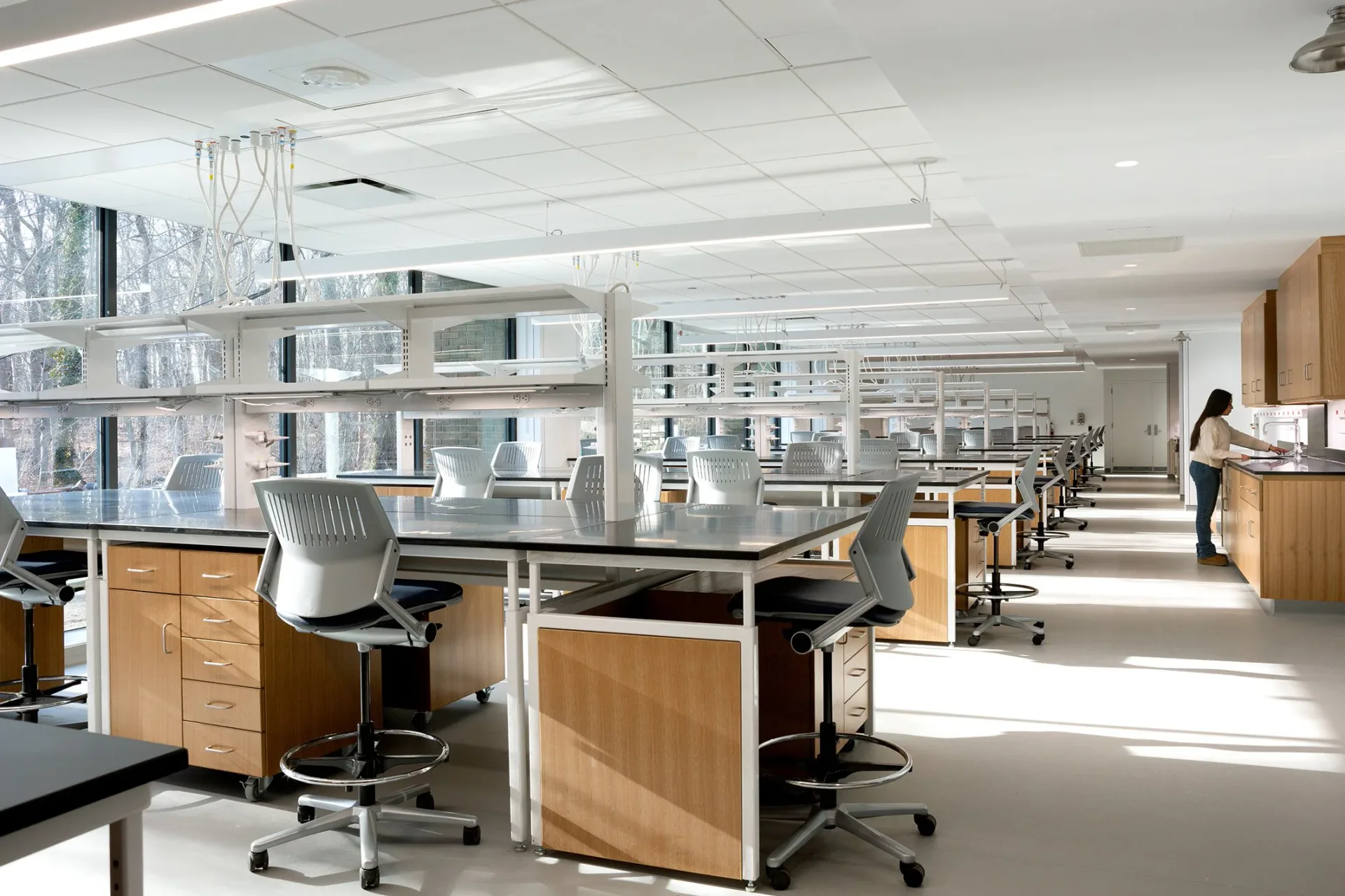 Modern laboratory or research office with wood-base workstations, white shelving, natural light, and a person standing at a service counter by Susan Torenli.