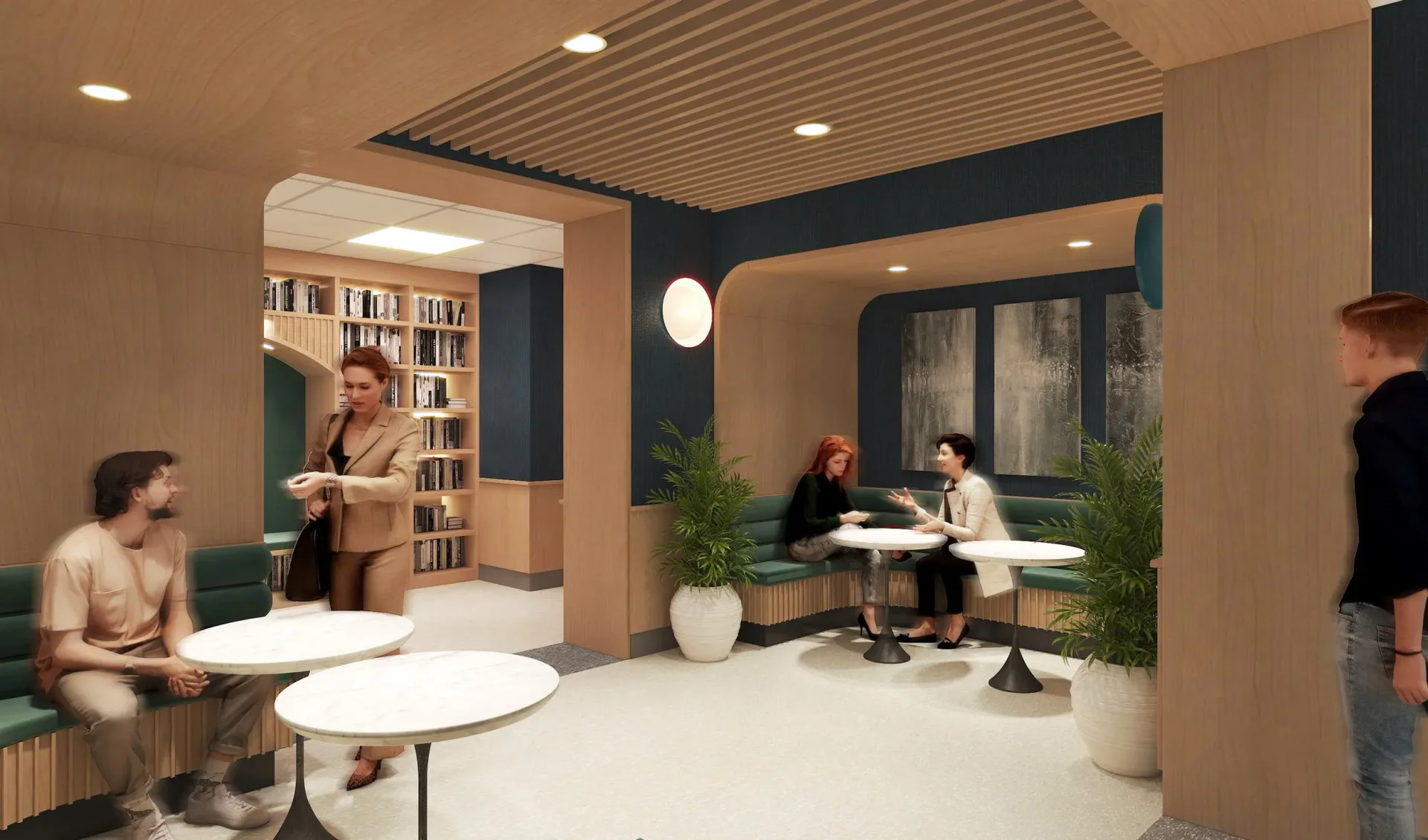 Modern office interior with warm terracotta walls, curved archways, collaborative workspaces, bookshelves, and synthetic figures in various activities by Susan Torenli.