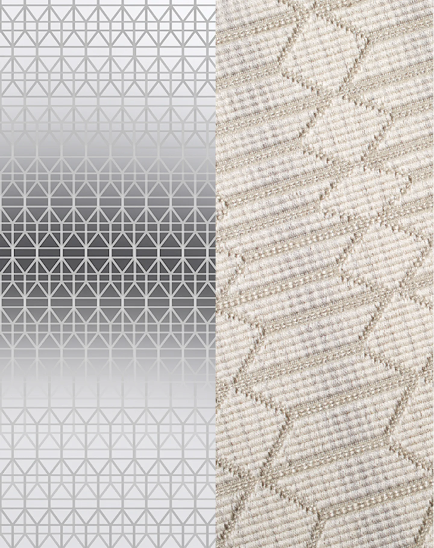 Two textile samples side by side: left features geometric triangle pattern in grayscale gradient; right shows textured cream fabric with diagonal quilted design by Suzanne Tick.