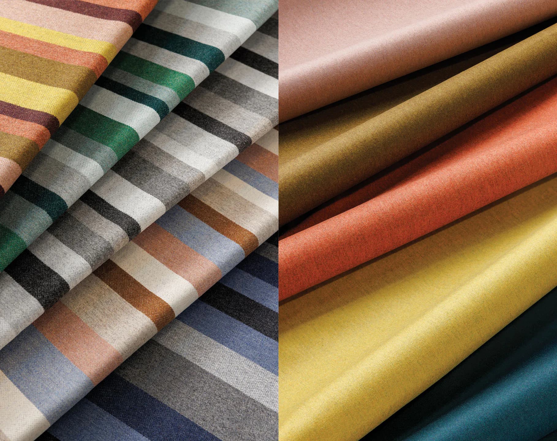 Layered fabric swatches in rich jewel tones and earth hues, displaying textile samples with varied weaves and finishes by Suzanne Tick.