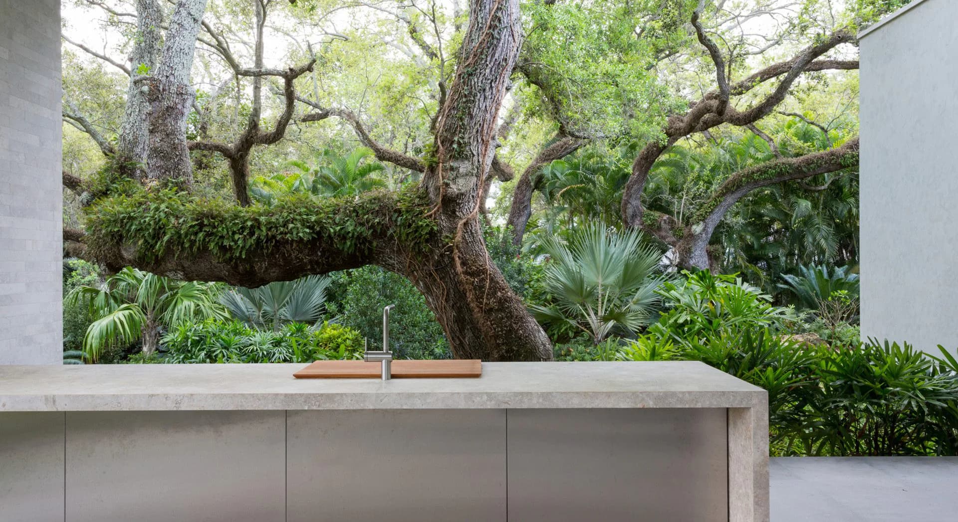 Minimalist concrete kitchen counter with integrated sink overlooking lush garden with mature trees and tropical plants by Sybille Schneider.