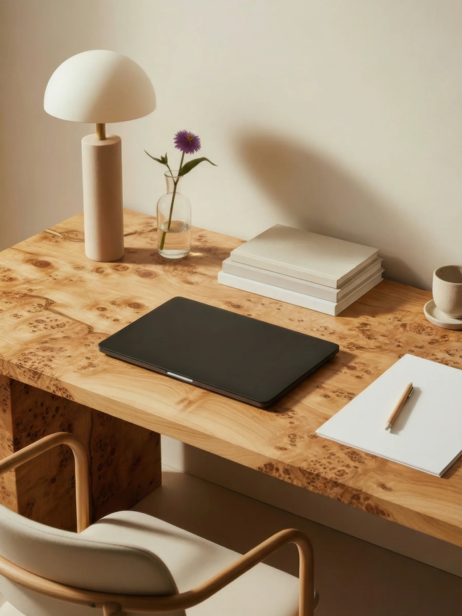 Minimalist wooden desk workspace with cream mushroom lamp, potted flower, stacked books, and black laptop, styled by Tania Whalen.