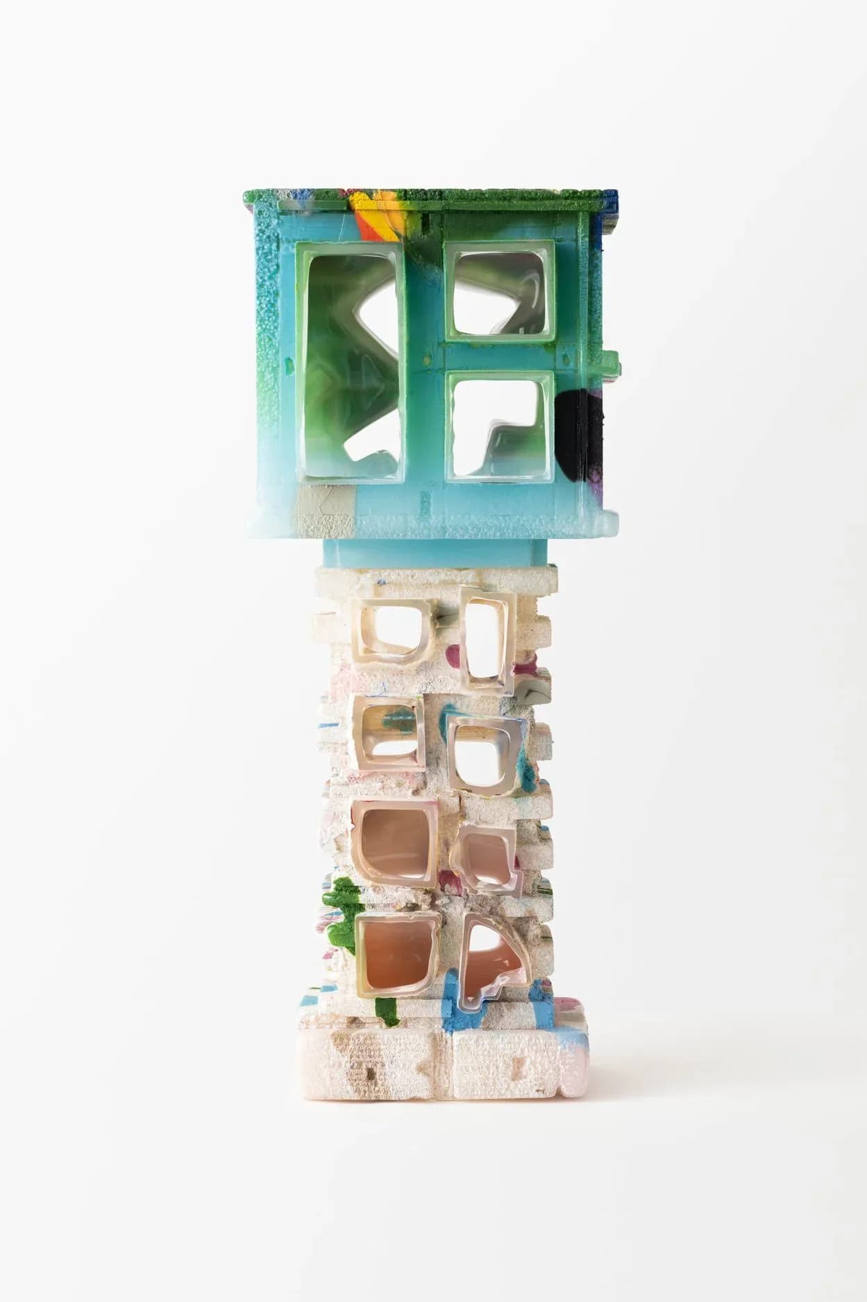 Stacked sculptural architectural model with turquoise-green top section and cream-colored base featuring staggered window openings, by Thaddeus Wolfe.