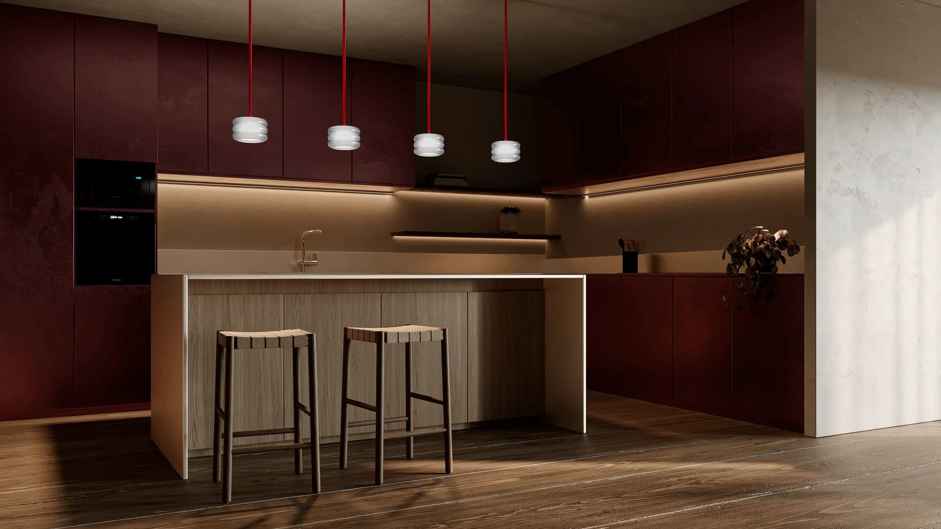 Modern kitchen with burgundy walls, wood-grain flooring, and illuminated cabinetry with bar seating by Theo Richardson.
