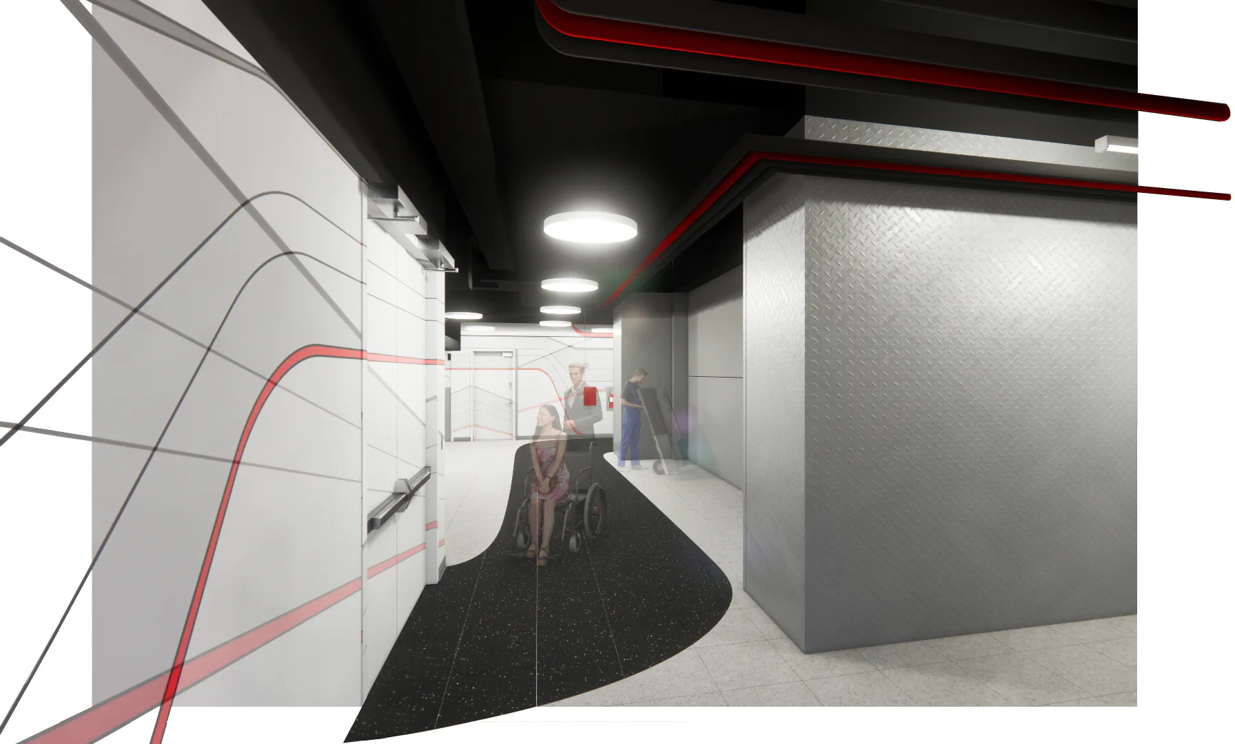 Modern corridor with white walls, black flooring, and red accent lines; minimal furniture and figure visible; synthetic lighting and proportions characteristic of architectural visualization by Thomas Diorio.
