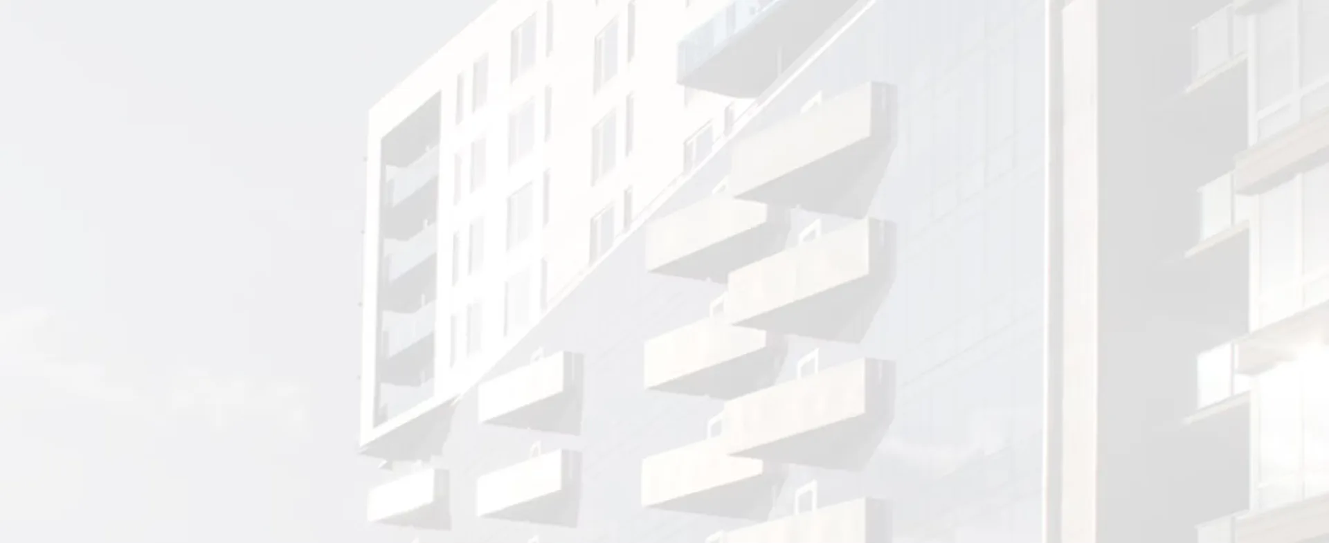Minimalist architectural rendering of a modern multi-story residential building with stacked balconies and clean geometric lines in white and neutral tones by Thomas Gilman.