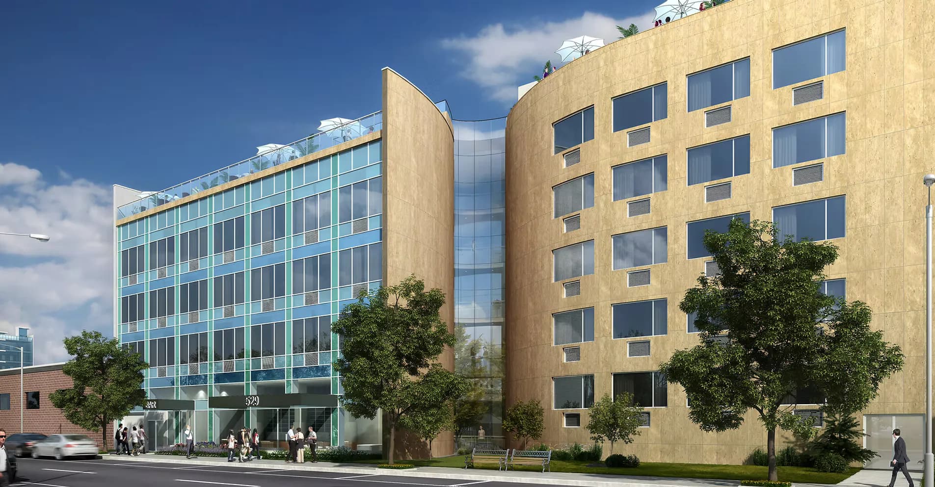 Architectural rendering of a contemporary mixed-use development featuring a curved glass-fronted tower adjacent to a yellow-ochre residential building with regular window patterns, set against a bright sky by Thomas Gilman.