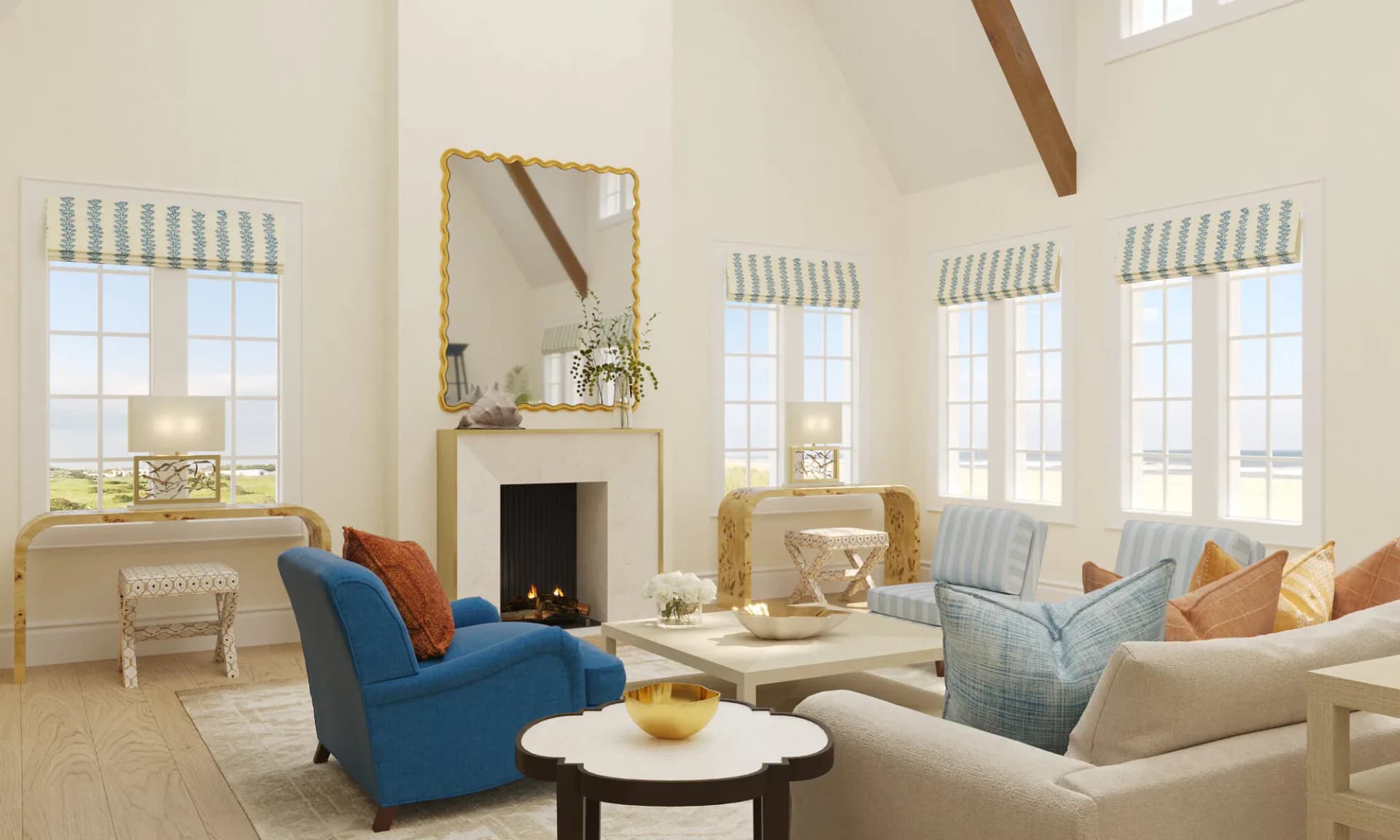 Bright, airy living room with vaulted ceilings, blue armchair, cream sofa, fireplace, multiple windows with striped awnings, and warm gold accents by Tiffany Hicks.