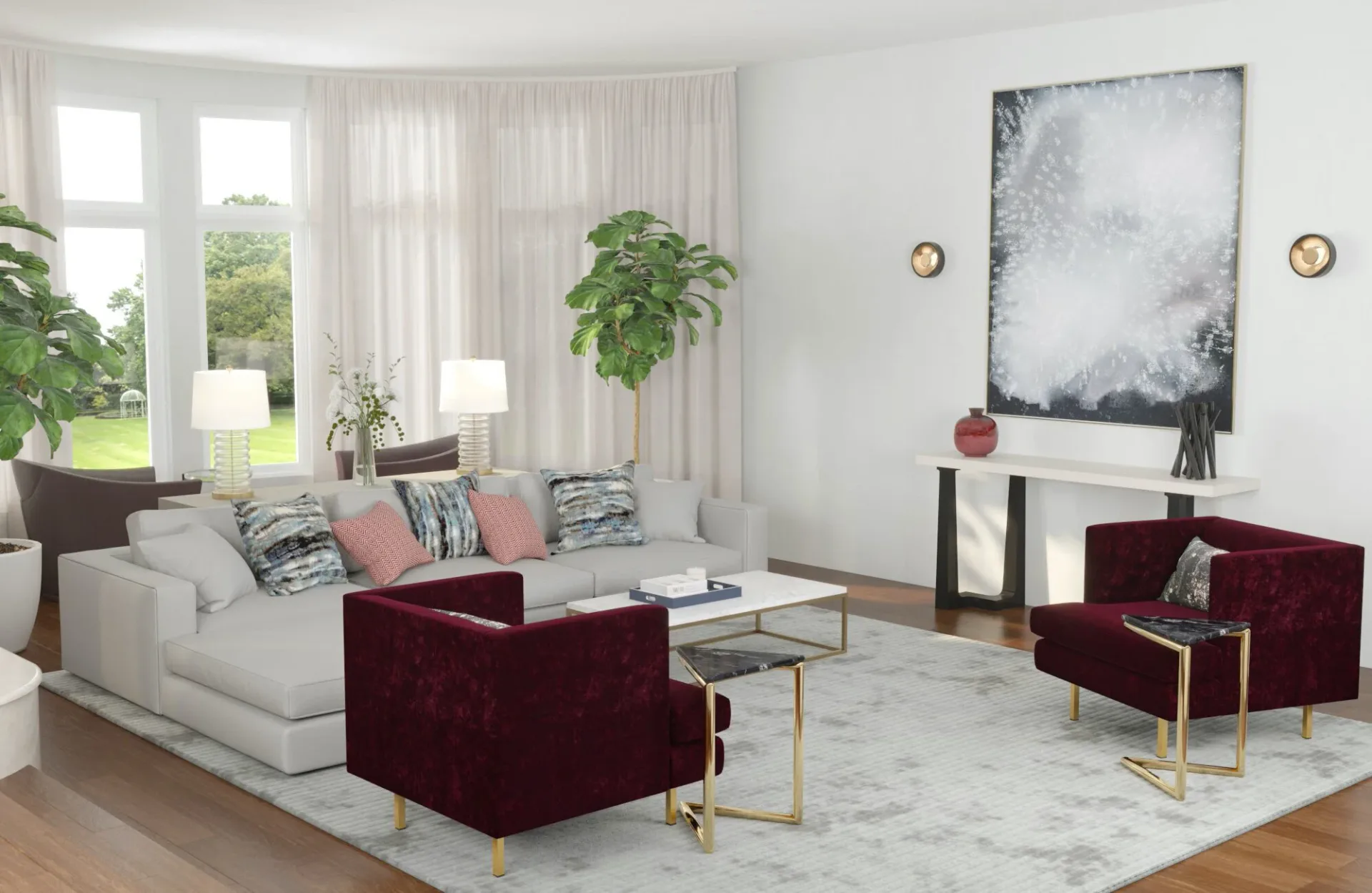 Modern living room with cream sectional, burgundy velvet chairs, marble-look area rug, and abstract artwork, designed by Tiffany Hicks.