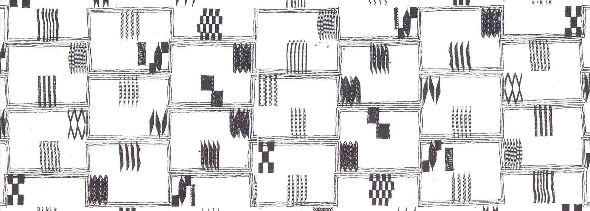 Architectural floor plan showing multiple residential or office units with varied layouts, featuring linear hatching patterns and black geometric forms indicating walls and spatial divisions by Tod Williams.