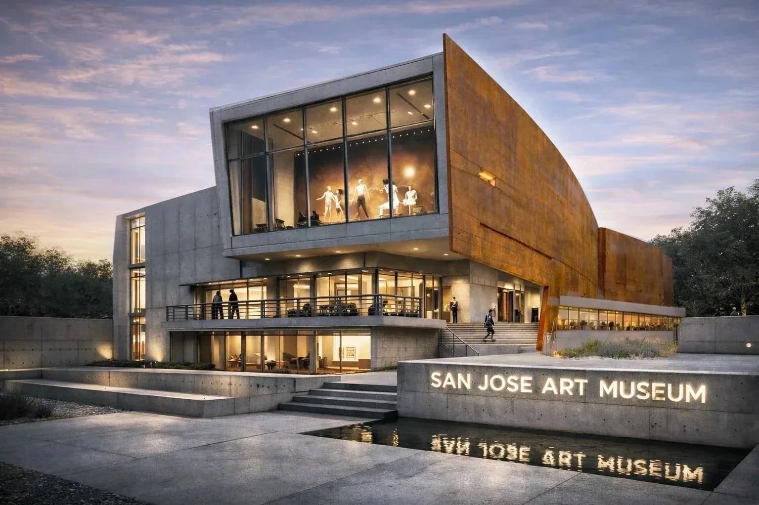 San Jose Art Museum's contemporary architecture features cantilevered copper-clad volumes with illuminated glass facades overlooking a reflective plaza, designed by Tomas Dordevic.