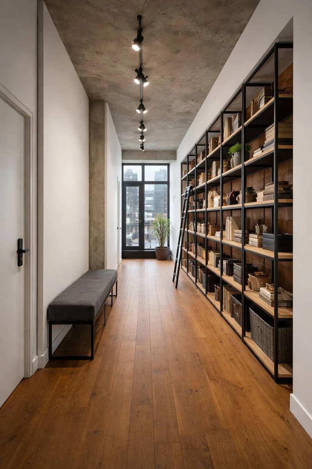 Long narrow hallway with warm wood flooring, white walls, concrete ceiling with pendant lights, built-in wooden shelving on right side, and black bench seating by Tomas Dordevic.