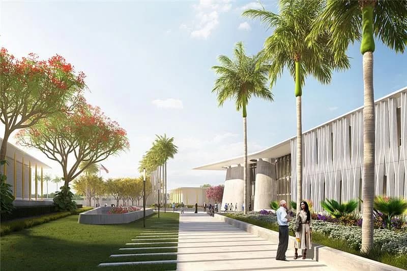 Architectural rendering of a contemporary waterfront plaza with palm trees, modern pavilion buildings, green lawns, and pedestrians by Tomoko Akiba.