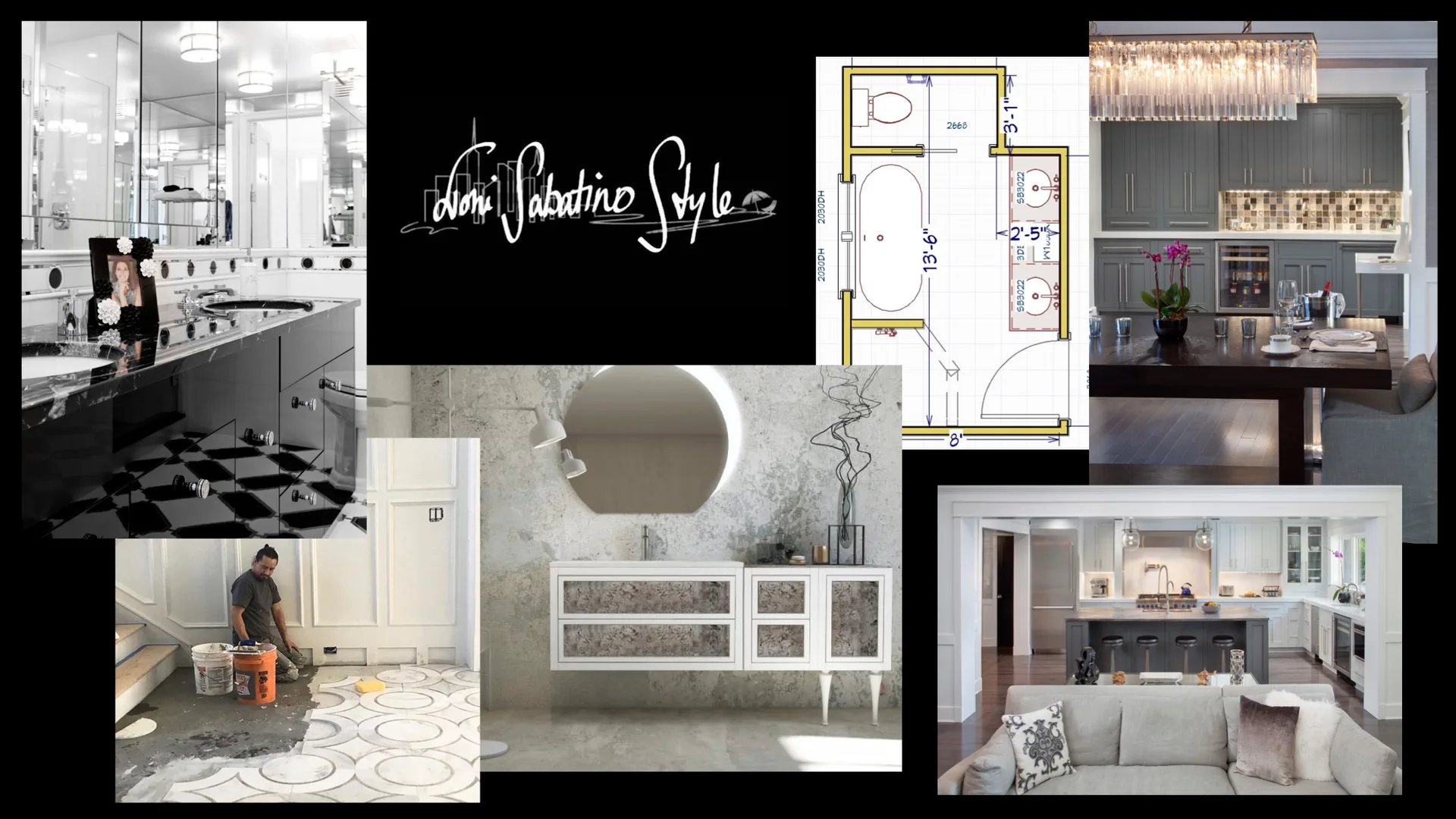 Luxury bathroom and kitchen interior design projects featuring marble accents, modern cabinetry, and elegant finishes by Toni Sabatino.