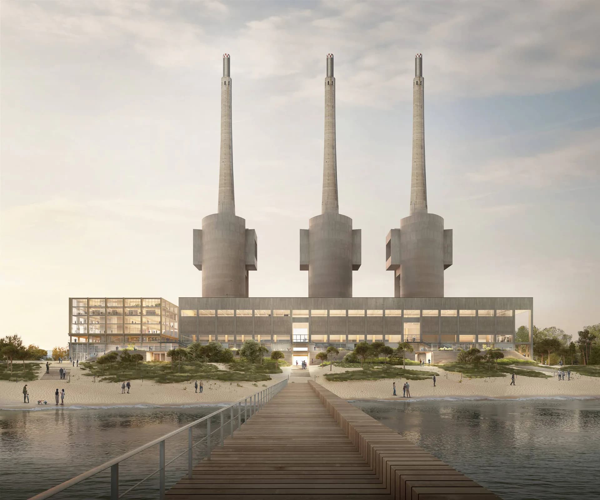 Architectural rendering of a contemporary waterfront building with three tall tapering spires, gridded facade, and wooden pier approach, designed by Tyler Silvestro.