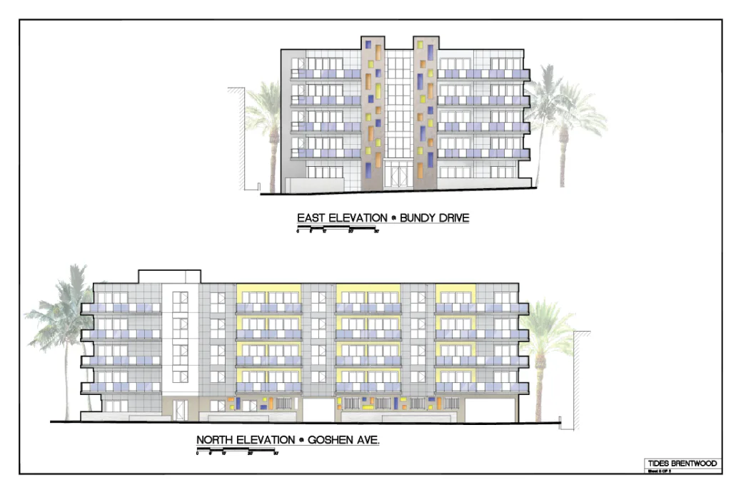 Architectural elevation drawings showing east and north facades of a multi-story residential building with yellow-highlighted window units and palm trees, by Valerie Schweitzer.