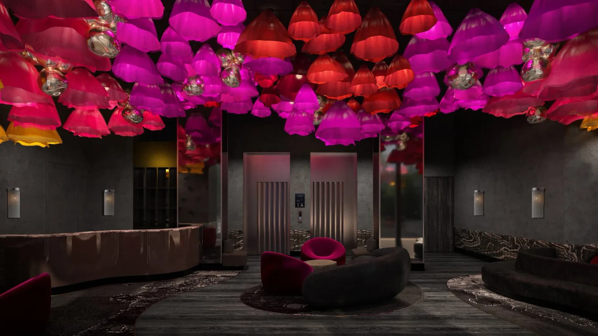 Dark lounge interior with magenta and coral suspended fabric canopies, central seating, and ambient lighting design by Vanessa Watts.