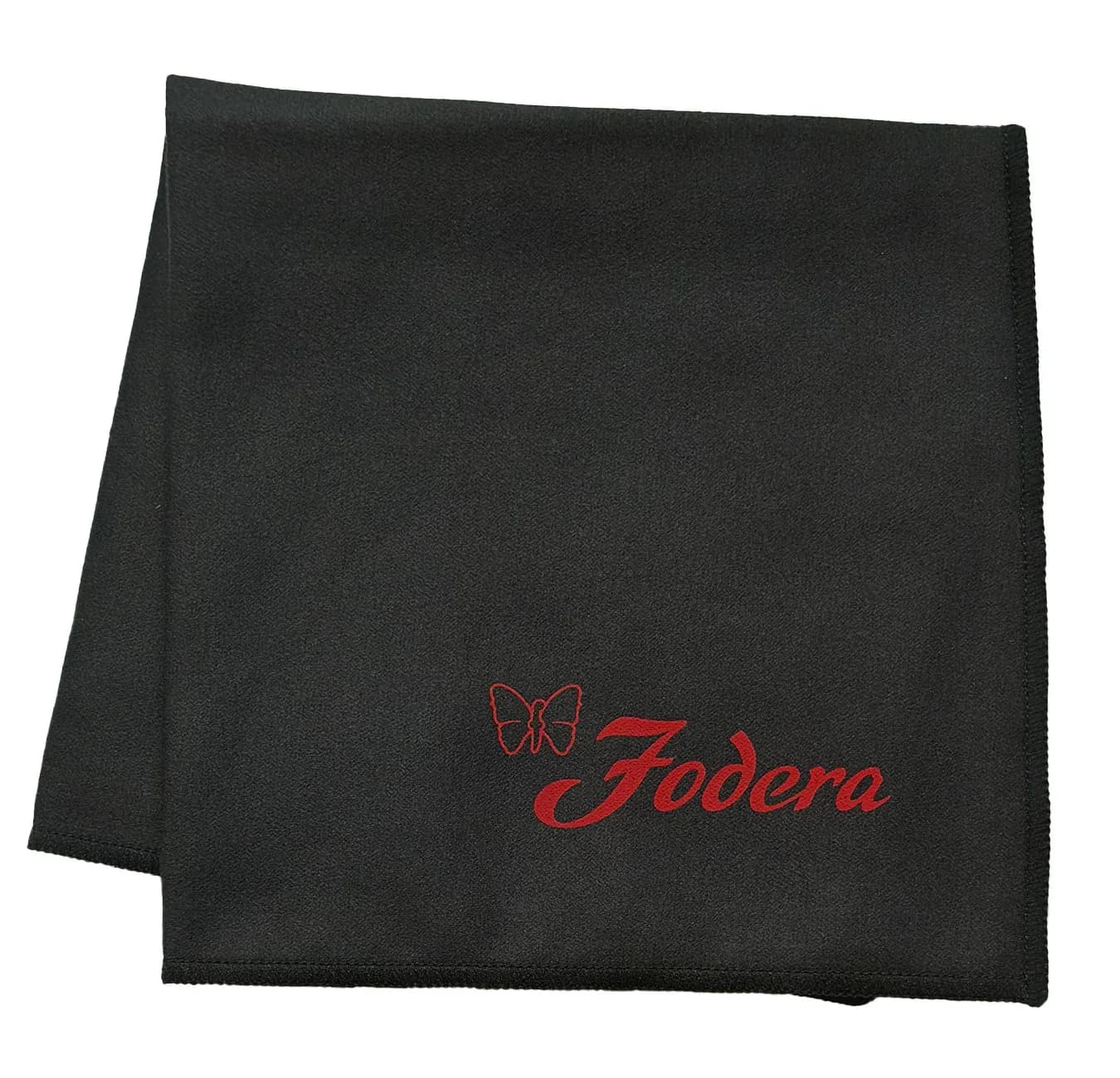 Black fleece blanket with red embroidered butterfly logo and 'Fodera' script branding by Vinny Fodera.