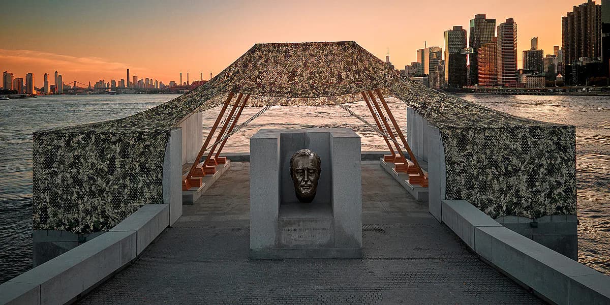 Symmetrical waterfront installation with textured walls and draped fabric leading to Manhattan skyline at sunset, by Wes Rozen.