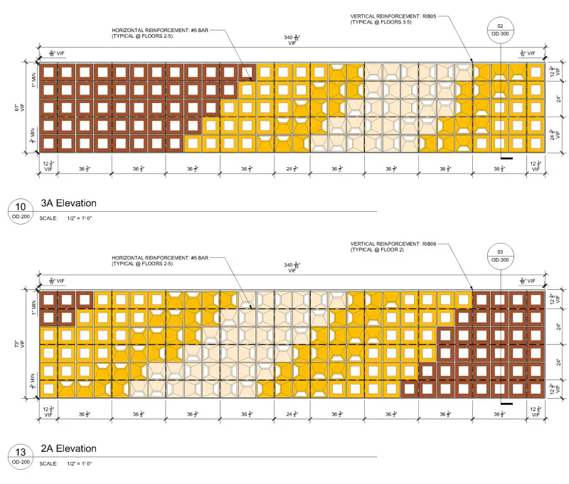 Architectural elevation drawings showing two floor plans with brown, yellow, and cream-colored grid patterns indicating material zones and spatial organization by Wes Rozen.