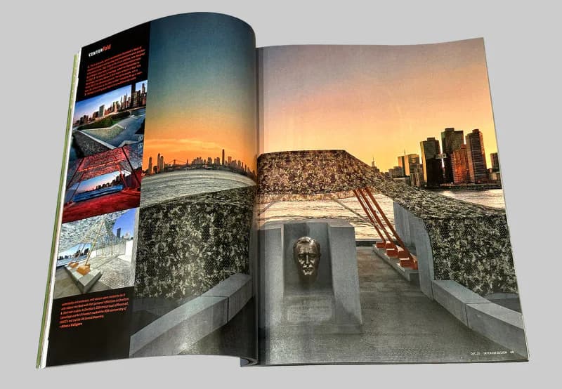 Architectural rendering of a modern concrete structure with geometric cutouts framing a sunset cityscape view, designed by Wes Rozen.