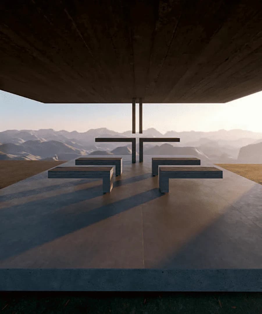 Minimalist chapel interior with concrete cross, wooden benches, and expansive mountain vista, featuring dramatic overhanging concrete canopy by Zanini de Zanine Caldas.