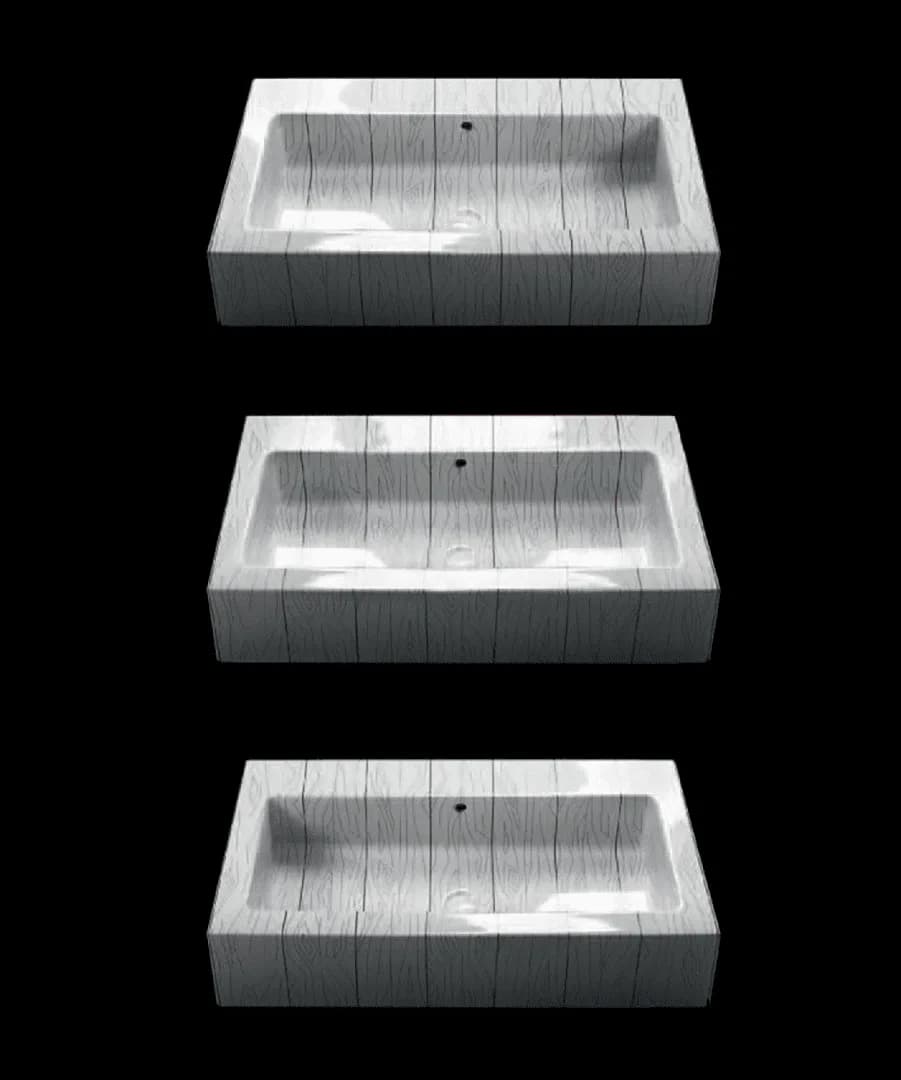 Three views of a rectangular concrete basin with linear surface texturing and a central drainage point, showcasing design variations by Zanini de Zanine Caldas.