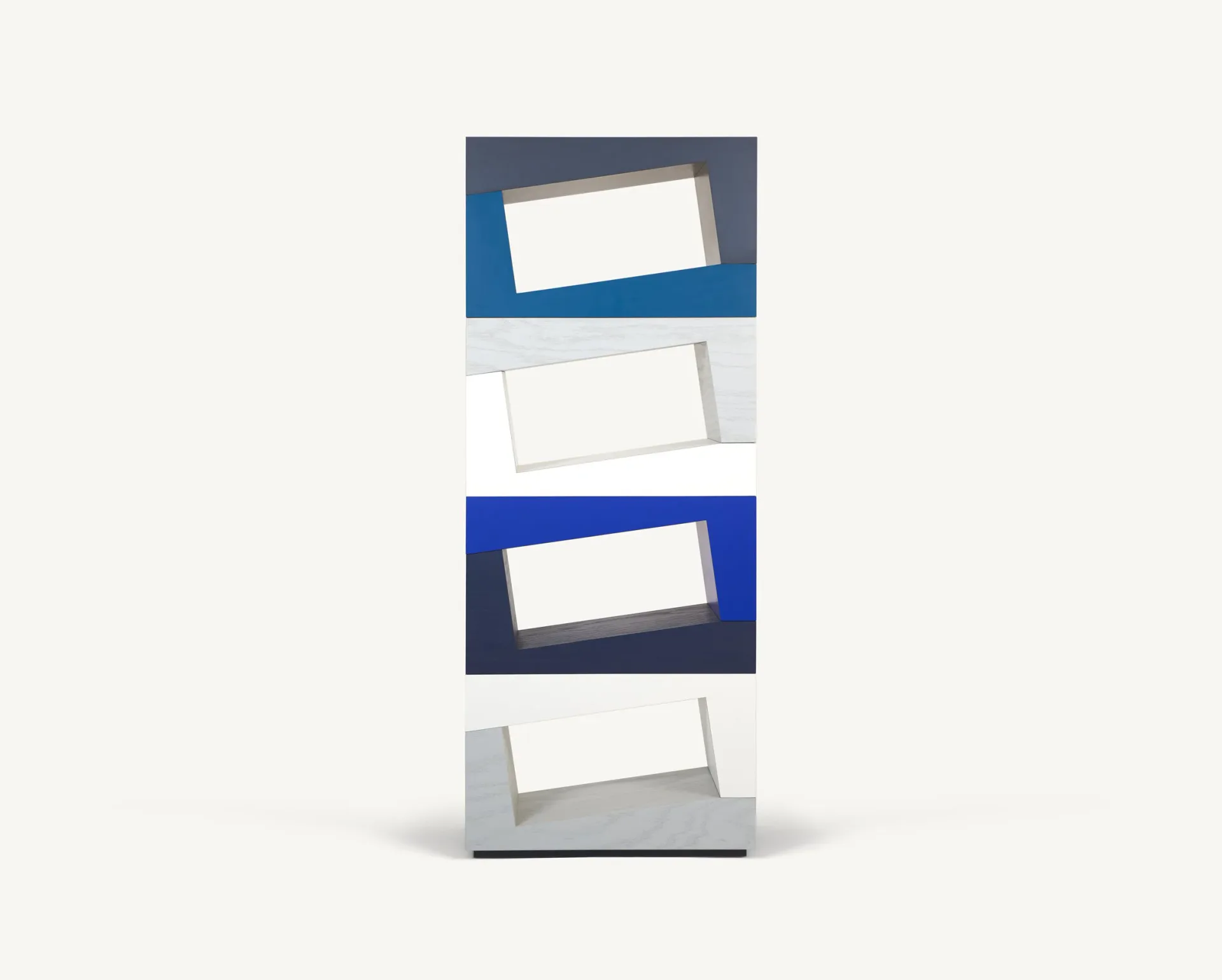Stacked abstract rectangular frames with blue, gray, and white tones featuring tilted white panels, rendered in a minimalist style by Zoë Mowat.