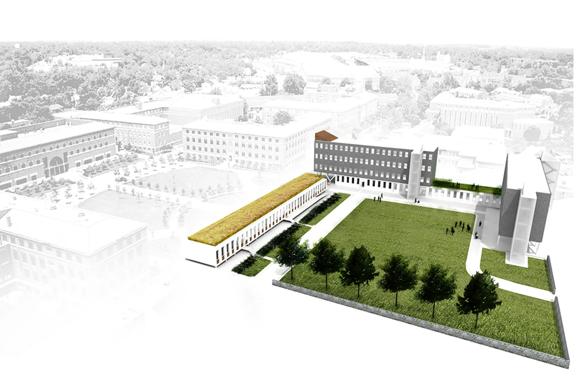 Architectural rendering of a contemporary institutional complex featuring a yellow linear building, green courtyard space with trees, and adjacent historic stone structure set within an urban context by AC Hocek Architecture LLC - (ACHA).