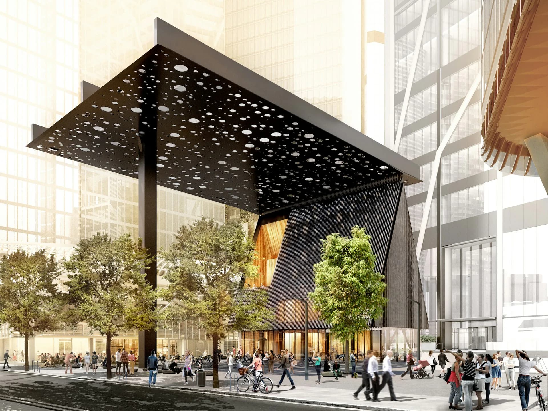 Architectural rendering of a modern public plaza with a dramatic perforated black canopy structure, landscaping, and pedestrians, by Adjaye Associates.