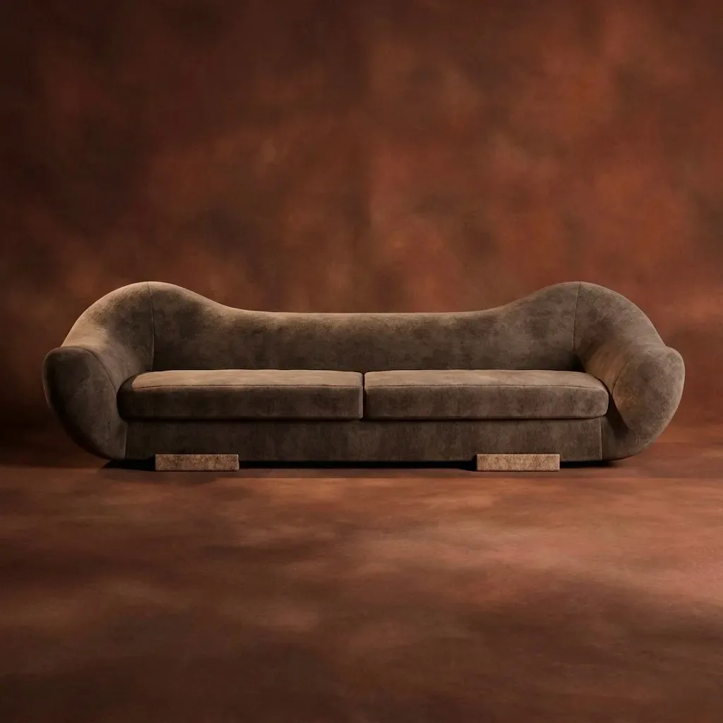 Sculptural curved sofa with rolled arms in taupe suede upholstery and wooden base detail against warm terracotta backdrop by Aguirre Design.