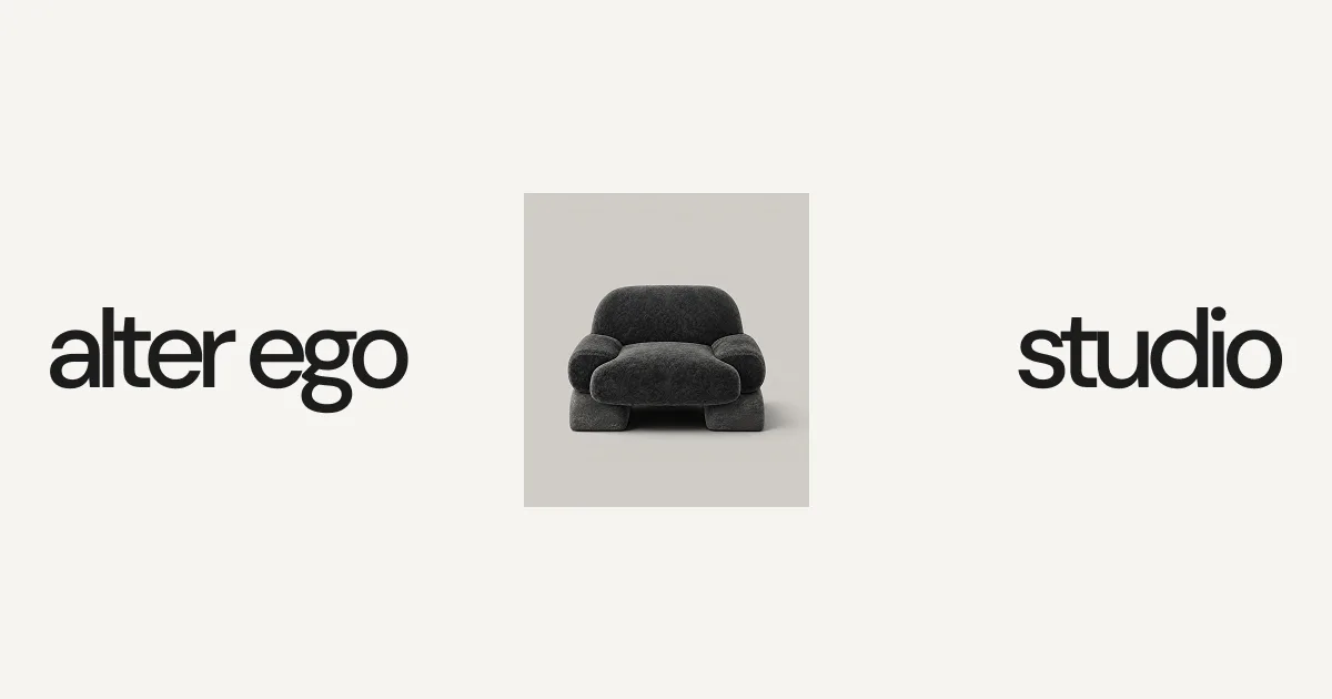 Dark sculptural upholstered armchair with organic pleated forms photographed against neutral backdrop by Alter Ego Studio.