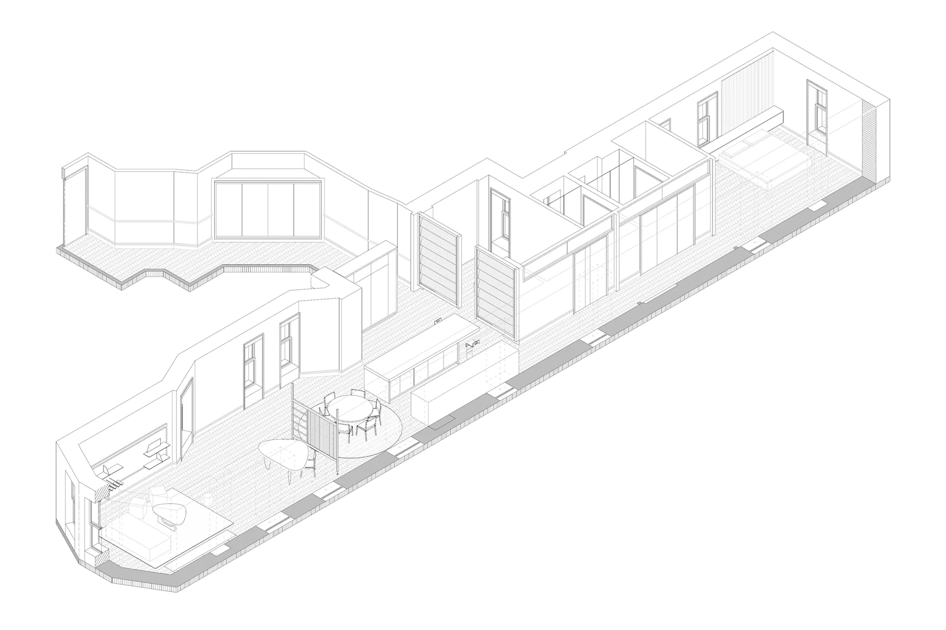 Isometric architectural drawing of a narrow residential interior with open floor plan, featuring kitchen, living areas, and bedrooms in linear layout by AMMOR Architecture LLP.