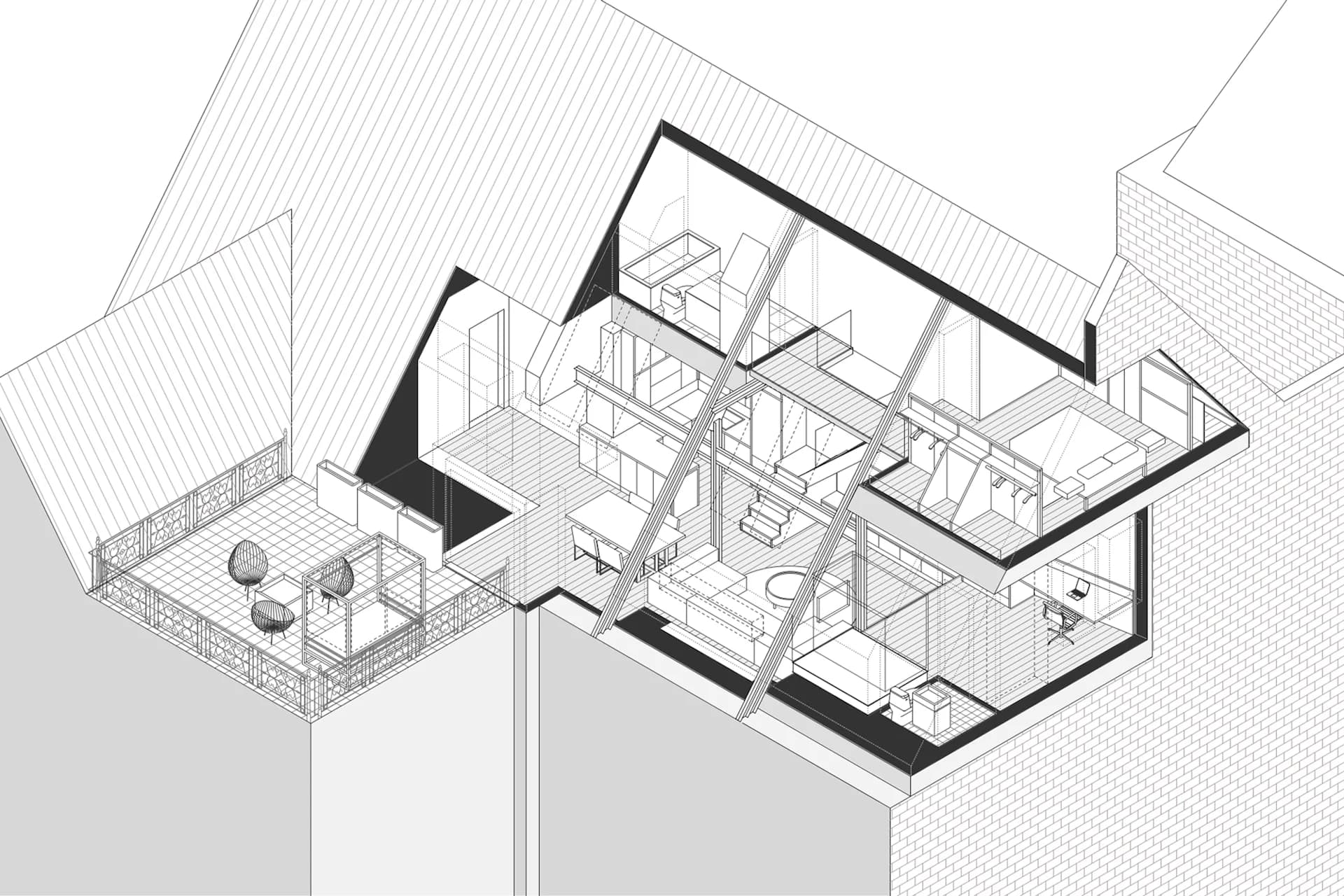 Isometric architectural drawing of a multi-room residential unit with kitchen, living areas, and bedrooms showing spatial layout and circulation by AMMOR Architecture LLP.