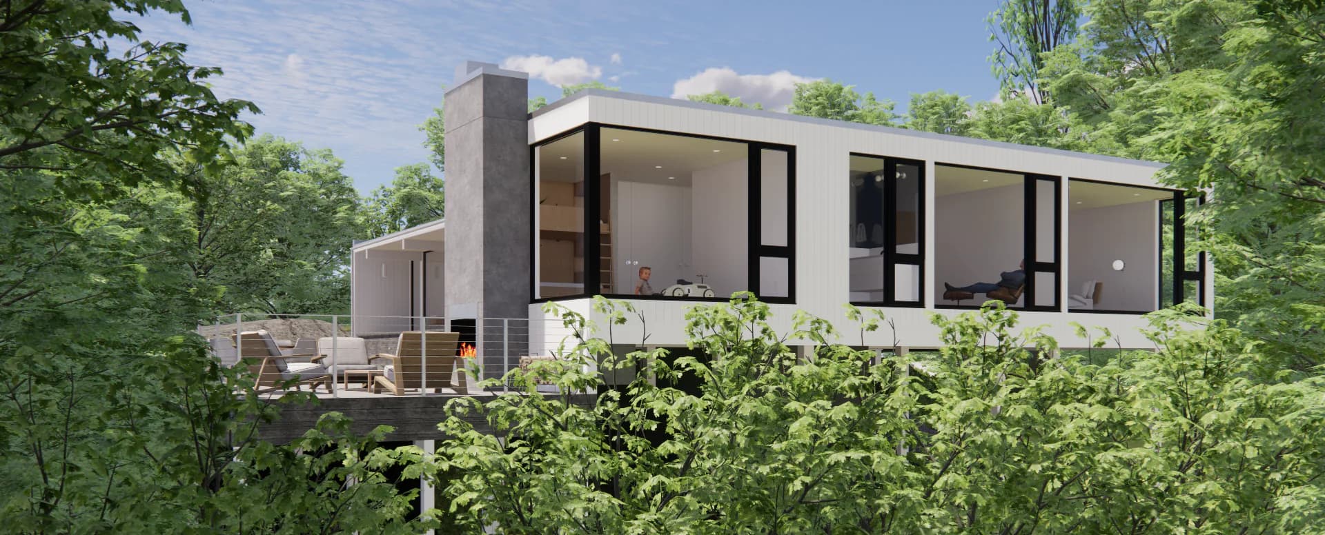 Modern residential house with dark frame and white panels nestled among green vegetation, designed by Ampersand Architecture.