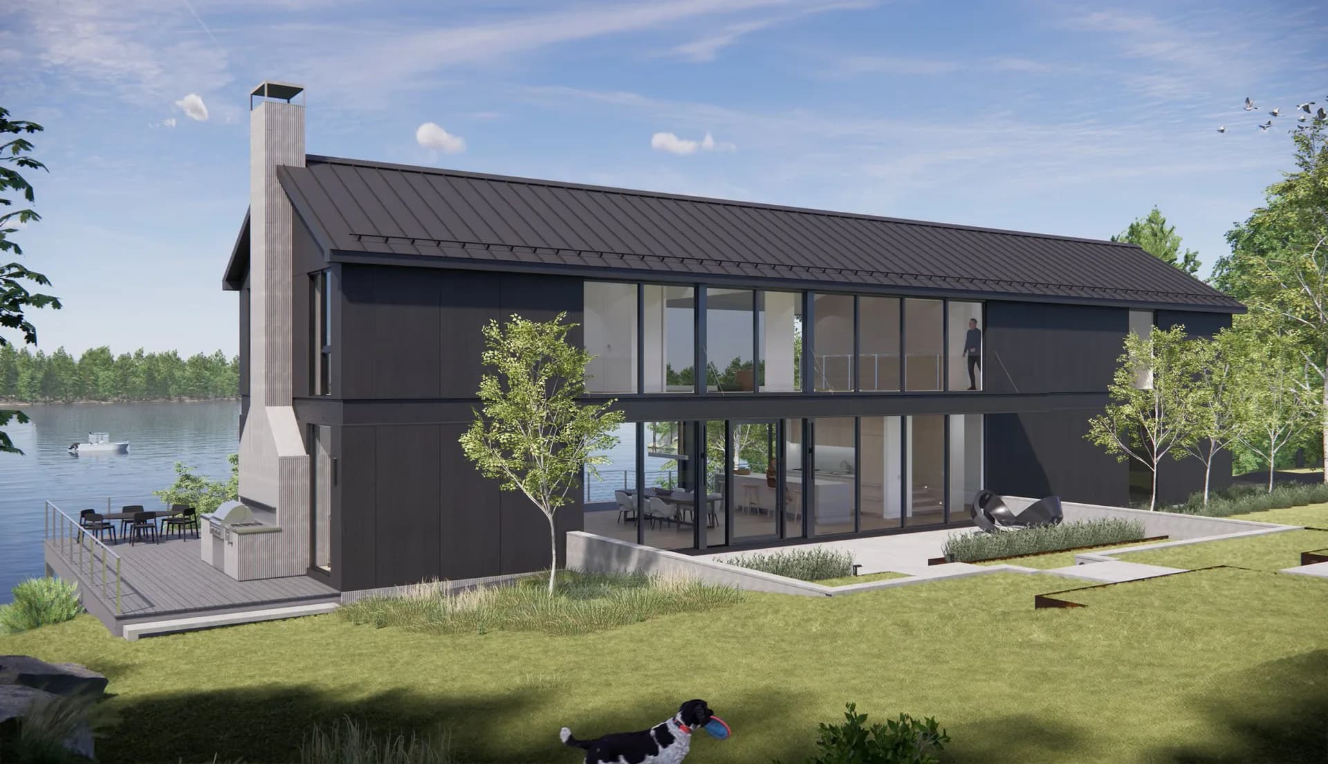 Modern lakeside residence with dark exterior, extensive glazing, and minimalist landscaping designed by Ampersand Architecture.