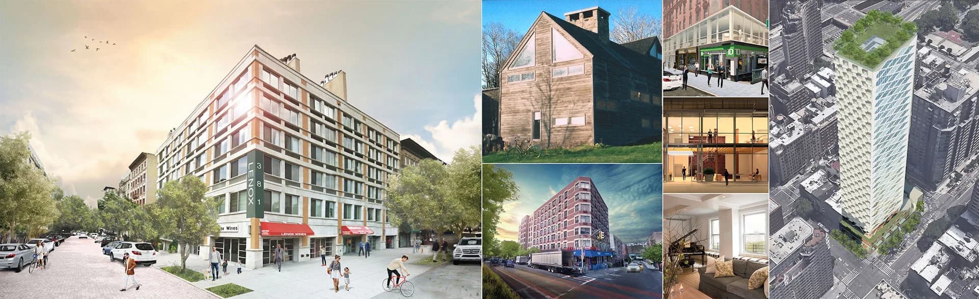 Mixed-use development project featuring street-level retail and residential units with contemporary facades, contextual street views, interior retail spaces, and axonometric site plans by Andrew L. Pettit Architect.