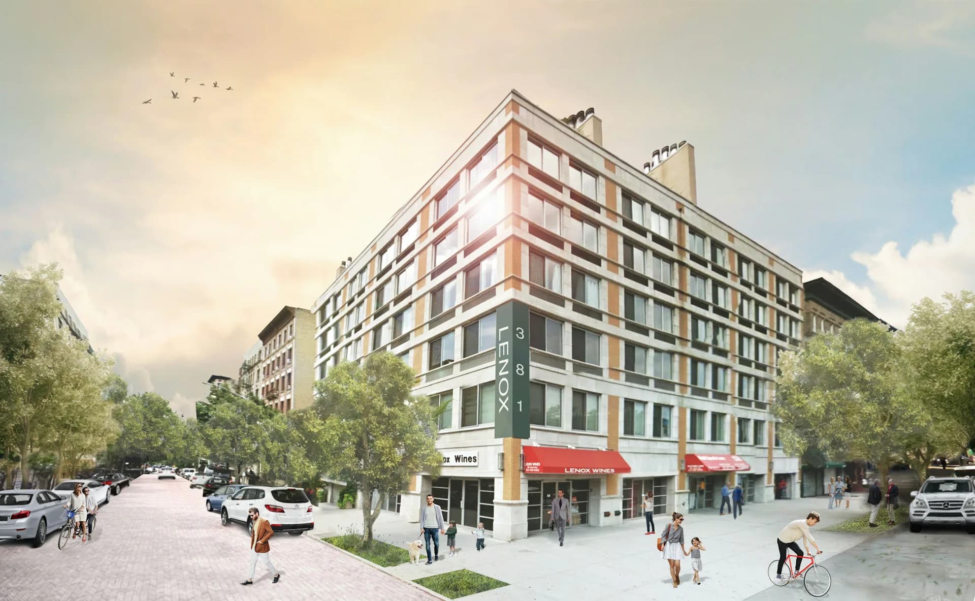 Mixed-use residential building with ground-floor retail and synthetic trees, featuring warm-toned brick and glass facade by Andrew L. Pettit Architect.