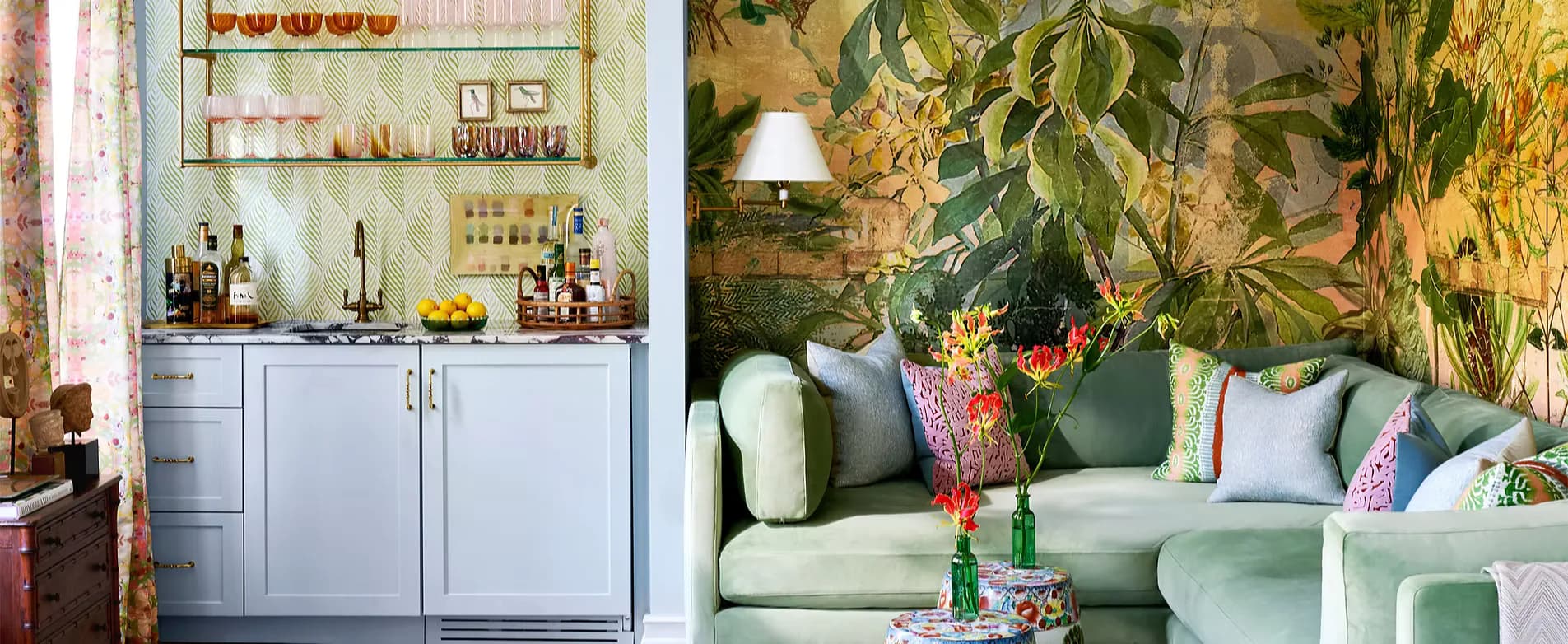 Split-view interior featuring a pale blue kitchenette with open shelving on the left and a green upholstered seating area with botanical artwork and colorful pillows on the right by Apartment 48.