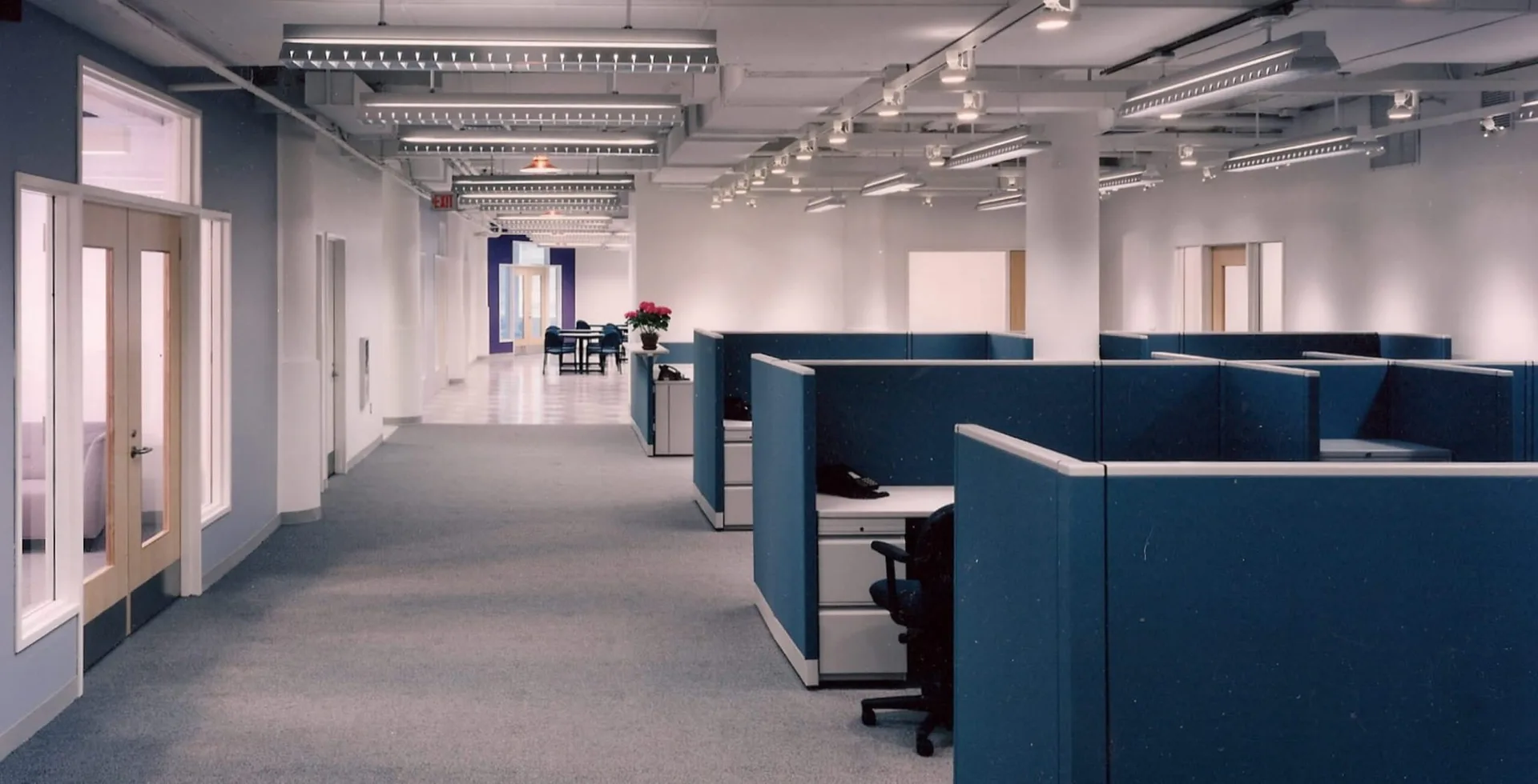 Modern open-plan office space with blue modular workstations, white walls, and industrial ceiling by Archimuse.