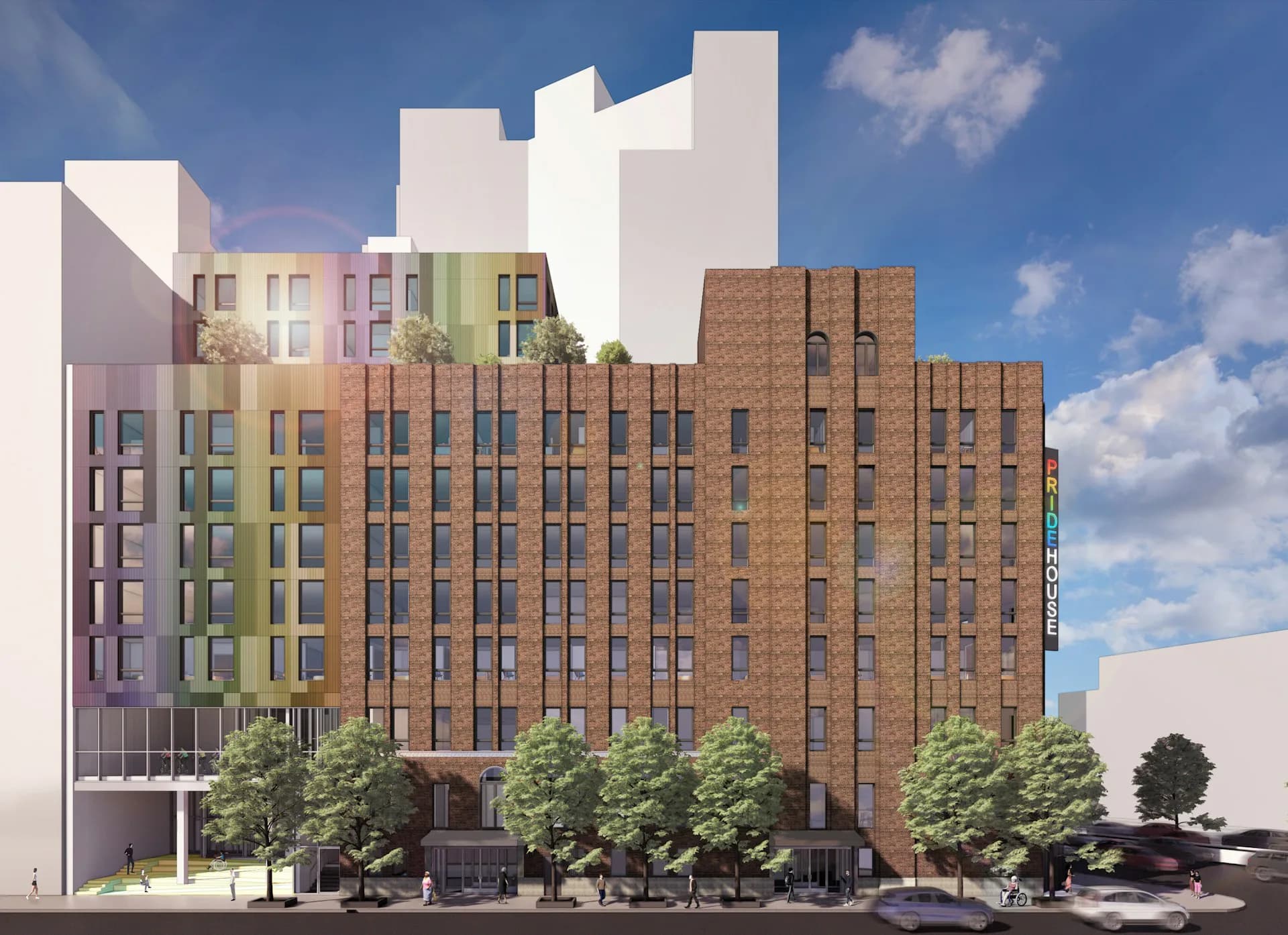 Architectural rendering of a mixed-use building featuring brick facade with colorful residential tower and white modern upper structure by Architecture in Formation.
