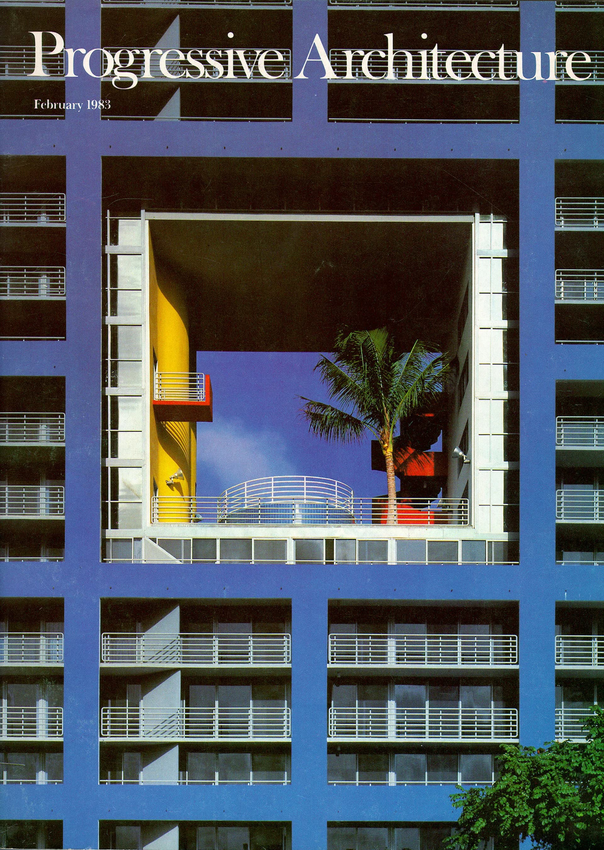 Bright blue modernist apartment facade with grid-like grid of windows and balconies, framing an interior view with yellow architectural elements and palm trees by Arquitectonica.