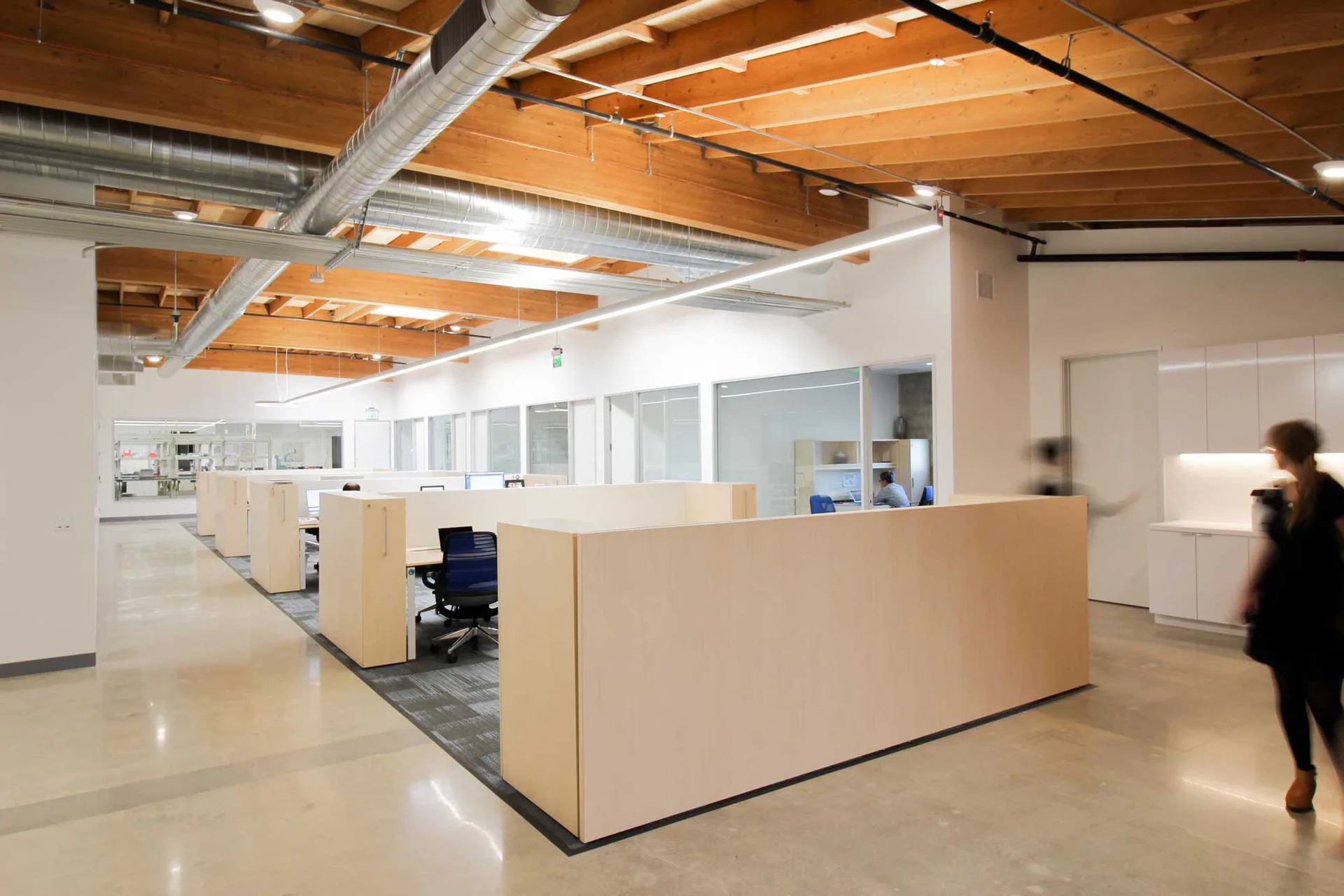 Modern office reception area with light wood ceiling, frosted glass partitions, and cream-colored curved desks by BAM Creative.