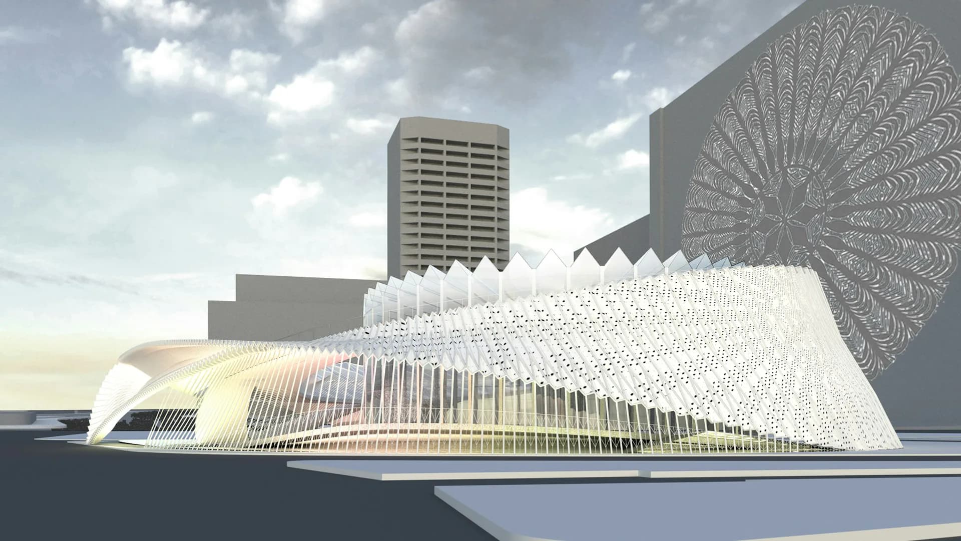 Waterfront architectural rendering featuring a curved white ribbed structure with integrated design elements, set against urban skyline context by Barker Associates Architecture Office.
