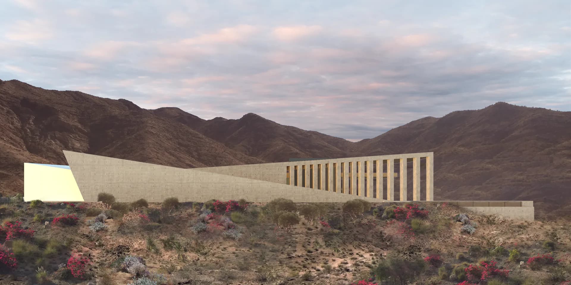 Modernist desert pavilion with horizontal striping and clean geometry set against arid mountains with flowering shrubs, by Barnes Coy Architects.