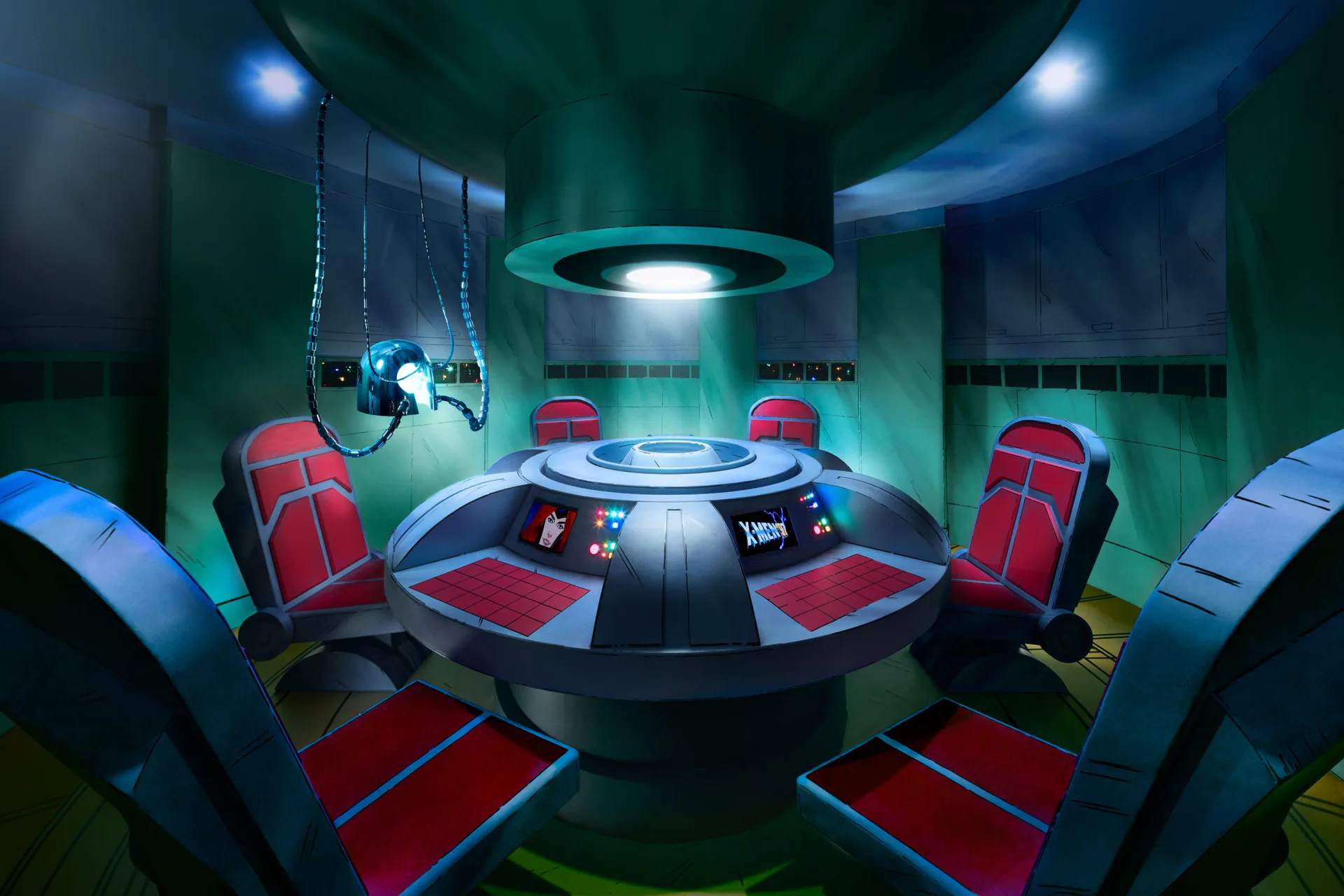 A futuristic spacecraft or simulator cabin interior with a central control console, red and blue seating, glowing ceiling fixture, and neon-tinted green walls featuring an impossible perspective and synthetic lighting characteristic of 3D visualization by Bednark Studio.